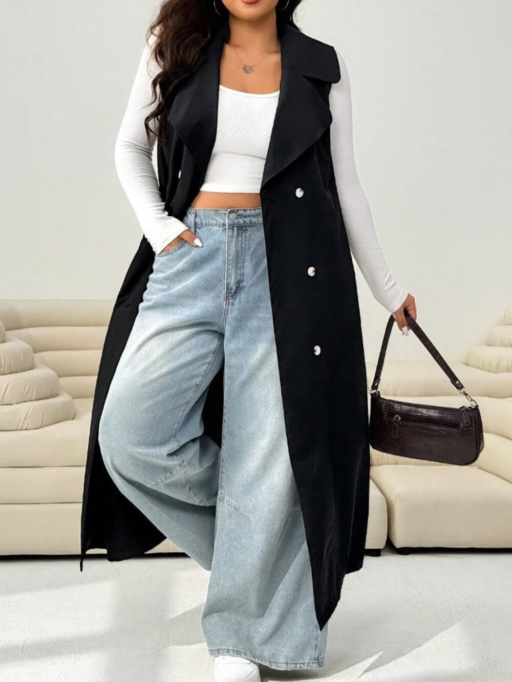 Black Elegant Women's Sleeveless Double Button Lapel Long Vest
